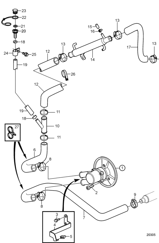 Схема узла Seawater Pump And Hoses Для Volvo Penta 8.1Gi-E