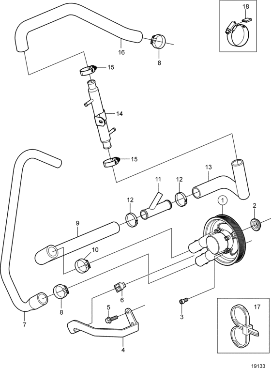 Схема узла Seawater Pump And Hoses Для Volvo Penta 3.0Glp-B