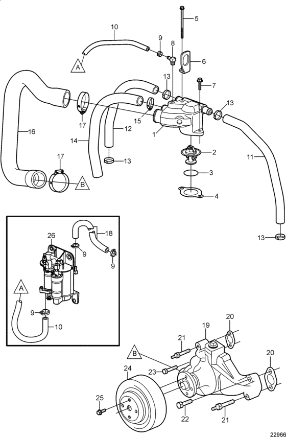 Схема узла Circulation Pump And Thermostat Для Volvo Penta 5.7Gsii-A