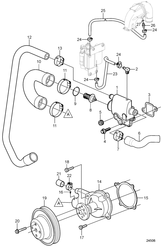 Схема узла Circulation Pump And Thermostat Housing Для Volvo Penta 3.0Gxi-J
