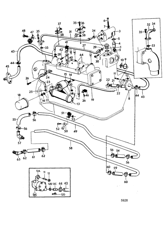Схема узла Cooling System, Induction- And Exhaust Manifold, Earlier Prod: C Для Volvo Penta Bb115B