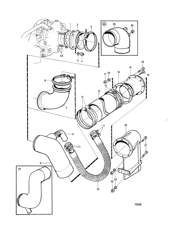 Схема узла Water Cooled Exhaust Line 5\'\'(127) Incl. Exh.riser Для Volvo Penta Tamd61A