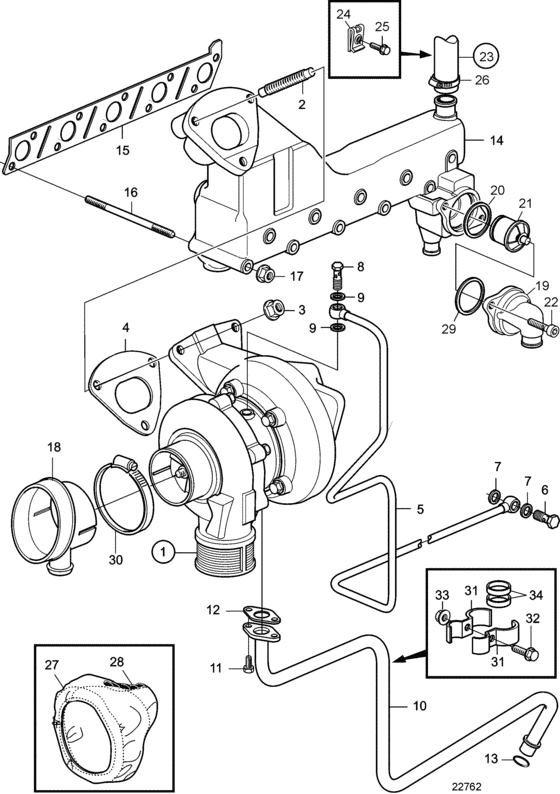 Схема узла Exhaust Manifold And Turbocharger Для Volvo Penta D3-160I-A
