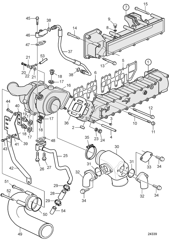 Схема узла Turbo, Induction And Exhaust Manifold Для Volvo Penta D4-180I-D