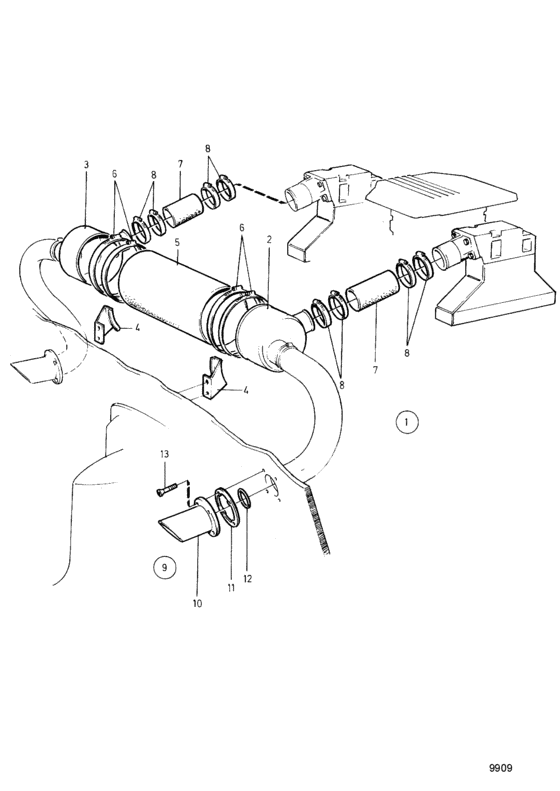 Схема узла Silencer And Exhaust Line Earlier Model: 854511 Для Volvo Penta 740A