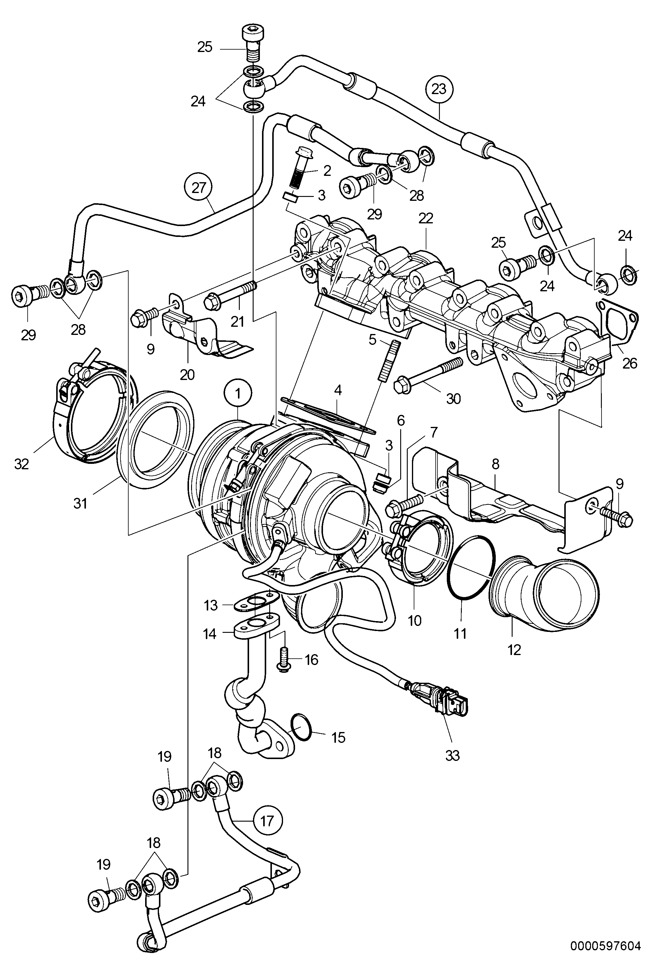 Схема узла Exhaust Manifold And Turbocharger. High Outlet.