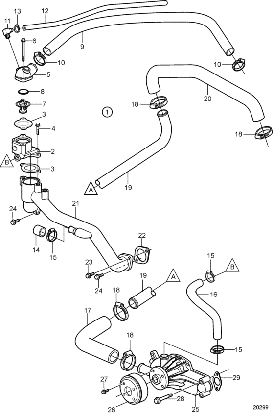 Схема узла Circulation Pump And Thermostat Housing, V-Drive With Freshwater Cooling Для Volvo Penta 8.1Gxii-E