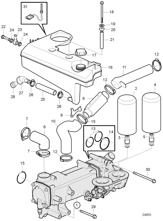 Схема узла Heat Exchanger And Expansion Tank. Sn2004002831-2004017350 Для Volvo Penta D4-210A-B