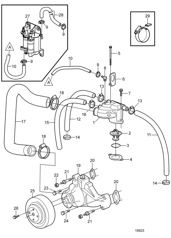 Схема узла Circulation Pump And Thermostat Для Volvo Penta 5.7Gii-E