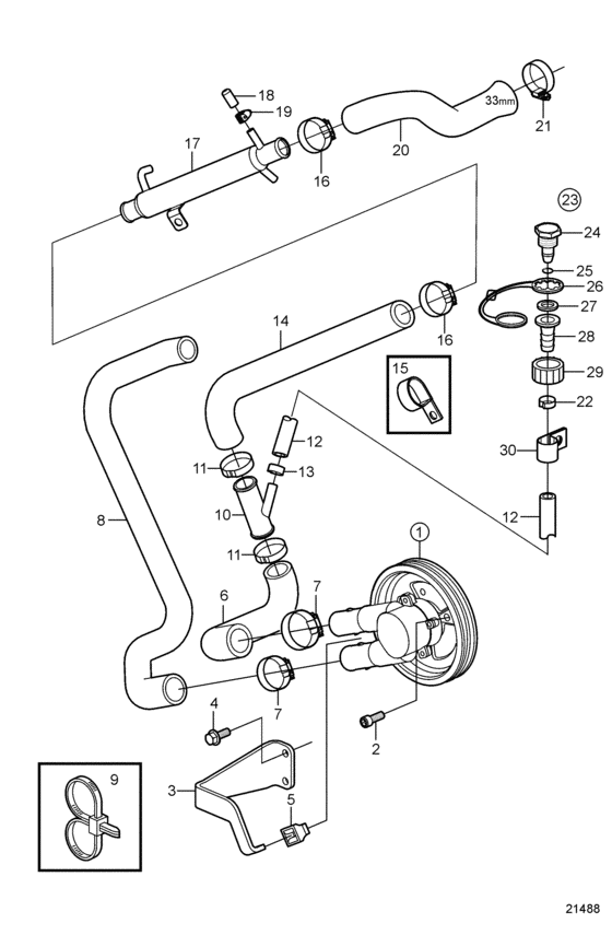 Схема узла Seawater Pump And Hoses, Later Для Volvo Penta 5.0Gl-E