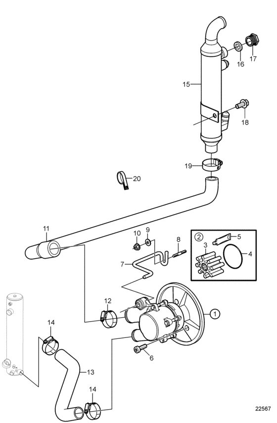 Схема узла Seawater Pump And Hoses, Inboard With Freshwater Cooling Для Volvo Penta 8.1Gii-H