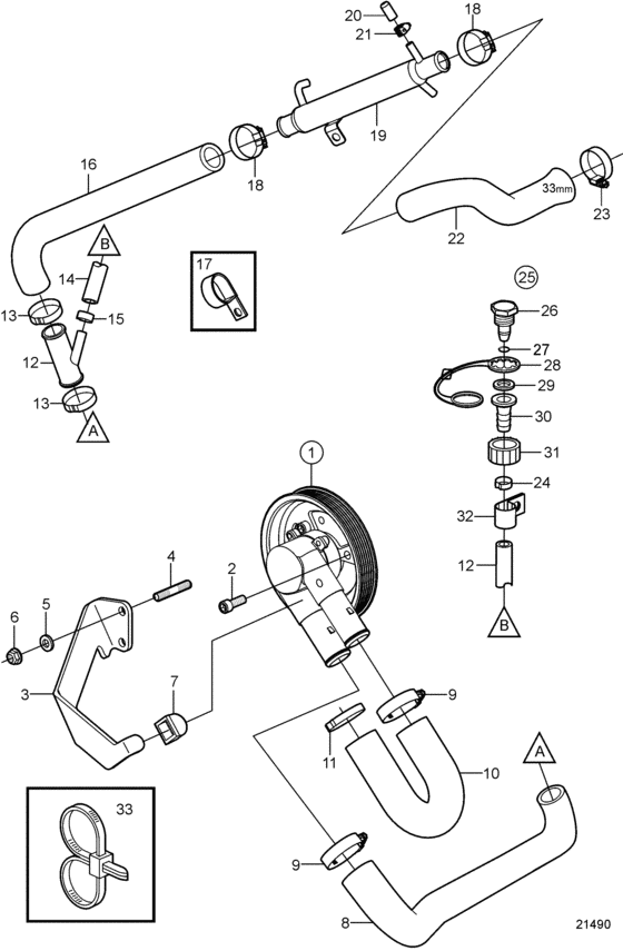 Схема узла Seawater Pump And Hoses, Later Для Volvo Penta 5.7Gi-Ef