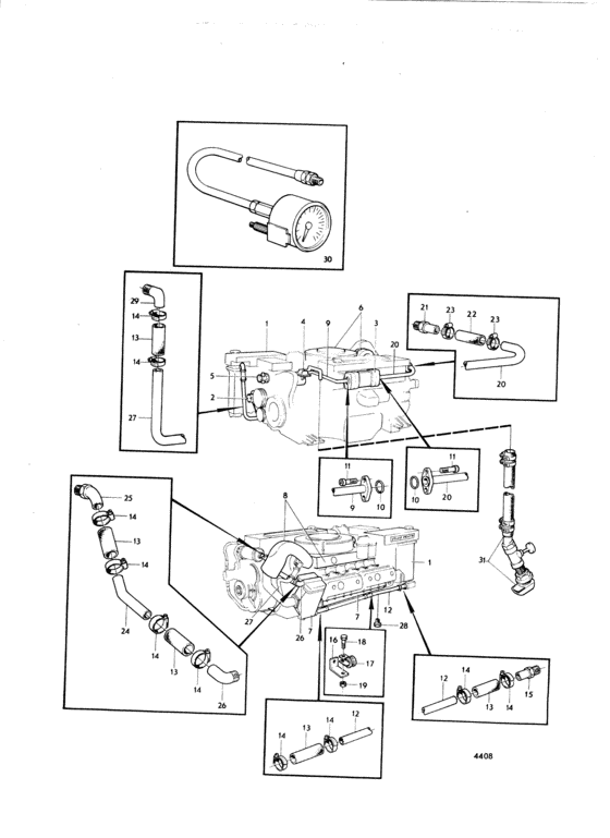 Схема узла Cooling System, Induction And Exhaust Manifold.: A Для Volvo Penta Thamd70B