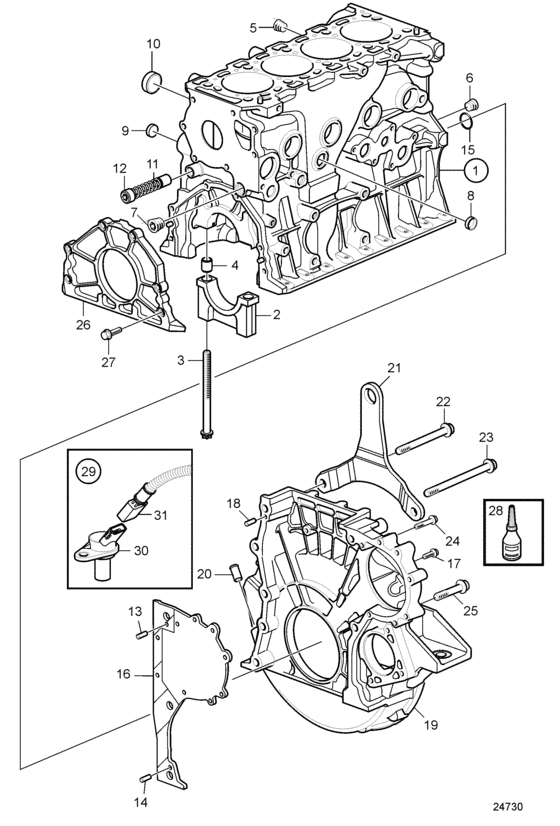 Схема узла Cylinder Block And Flywheel Housing Для Volvo Penta D4-180I-D