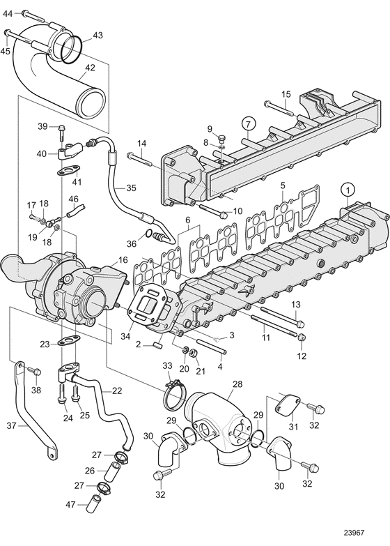 Схема узла Turbo, Induction And Exhaust Manifold Для Volvo Penta D6-280A-A