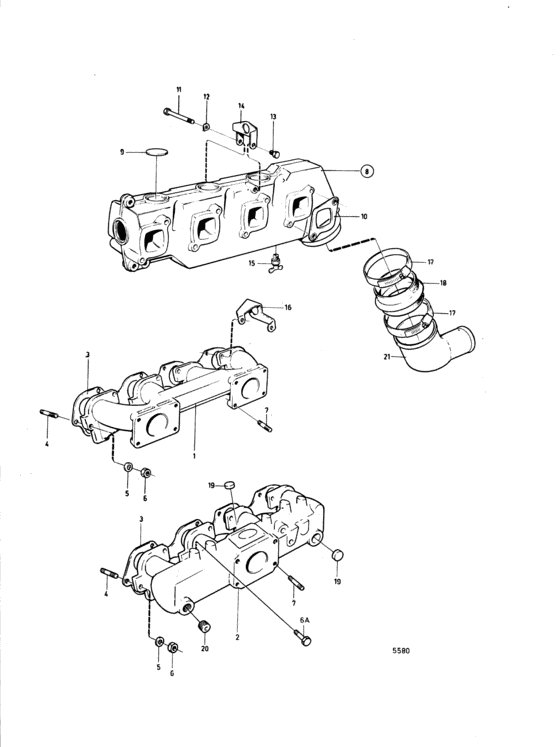 Схема узла Induction- And Exhaust Manifold: A Для Volvo Penta Aq140A