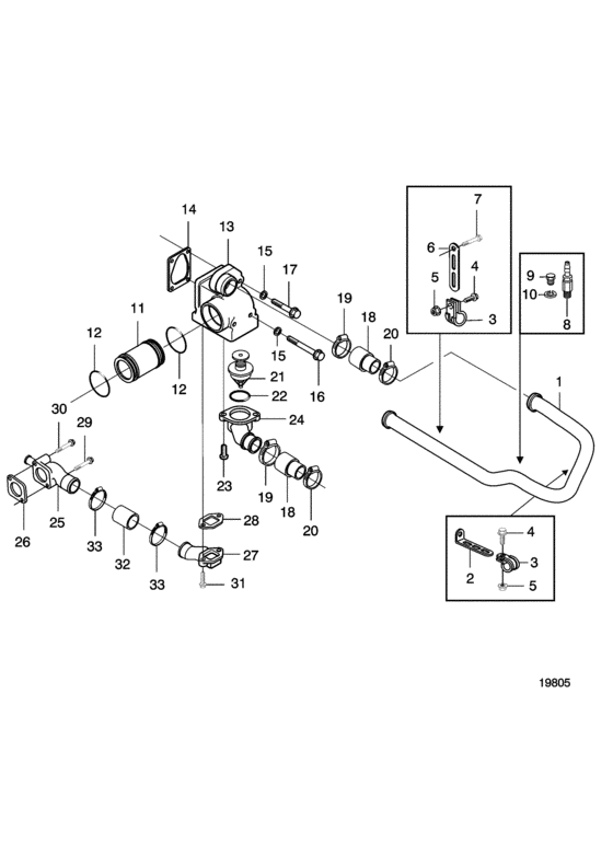 Схема узла Keel Cooling, One Circuit And Thermostat Housing Для Volvo Penta D5A-A T