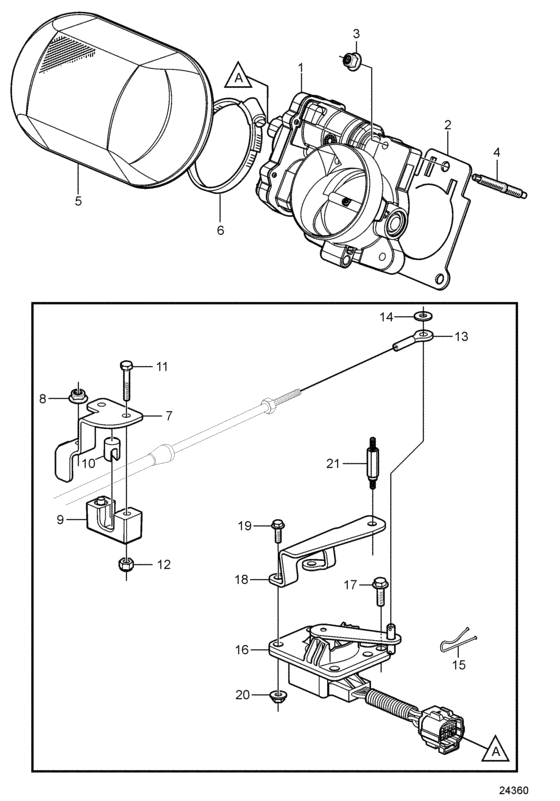 Схема узла Throttle Body And Throttle Cable Connection, Later Version Для Volvo Penta 8.1Gxi-Jf