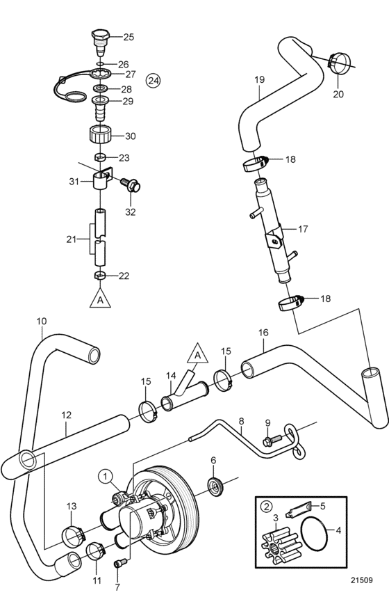 Схема узла Seawater Pump And Hoses Для Volvo Penta 3.0Glp-E