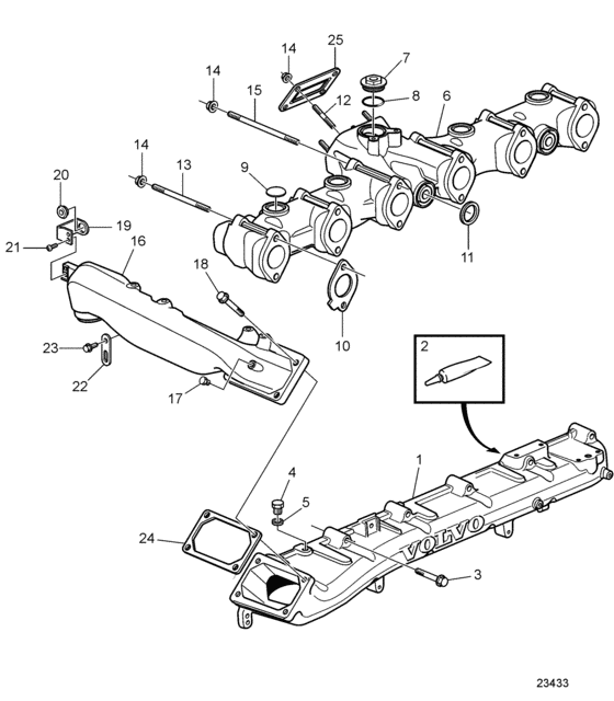 Схема узла Intake And Exhaust Manifold Для Volvo Penta D9A2A D9-425