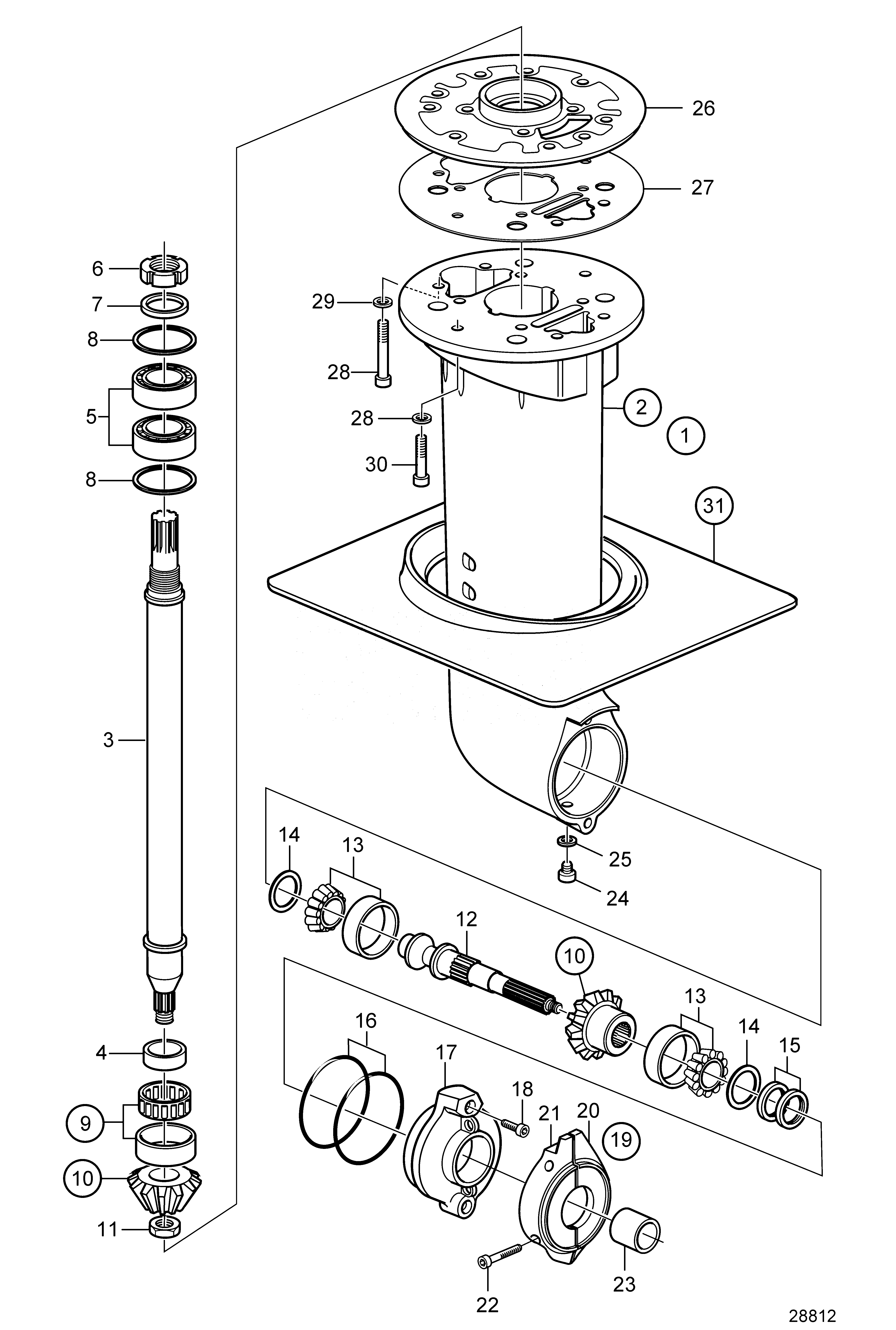 Схема узла Lower Gear Unit Sail Boat Drive Unit Ms25S, Ms25Sr, Spare Part Solution: Ratio 2.47:1