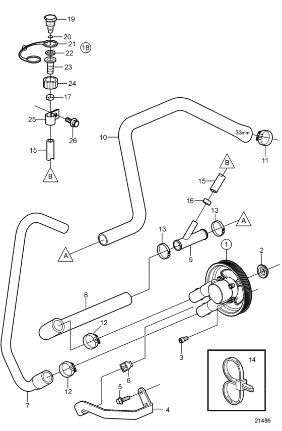 Схема узла Sea Water Pump And Hoses, Later Для Volvo Penta 3.0Glm-C