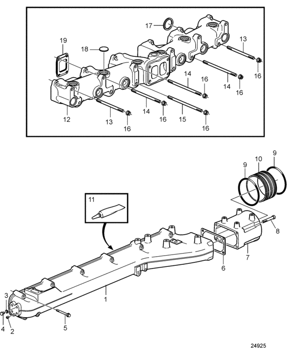 Схема узла Inlet And Exhaust Manifolds. Sn1016038366- Для Volvo Penta D16C-A Mh