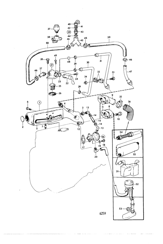 Схема узла Cooling System, Induction- And Exhaust Manifold Для Volvo Penta Mb10A