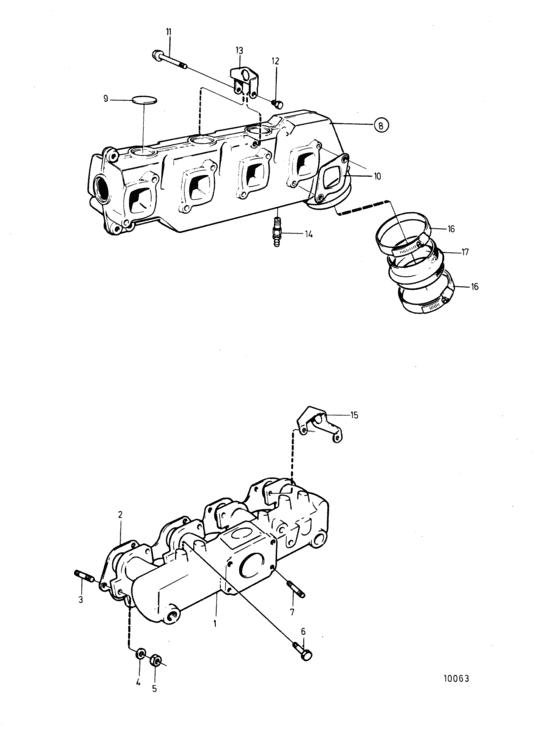 Схема узла Induction- And Exhaust Manifold: B Для Volvo Penta 230A
