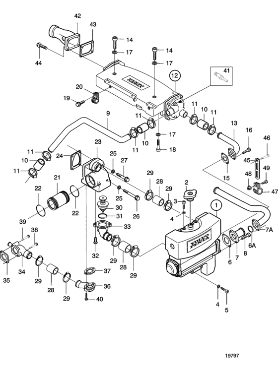 Схема узла Keel Cooling, Two Circuit With Charge Air Cooler, Heat Exchanger And Thermostat Housing Для Volvo Penta D5A-A Ta