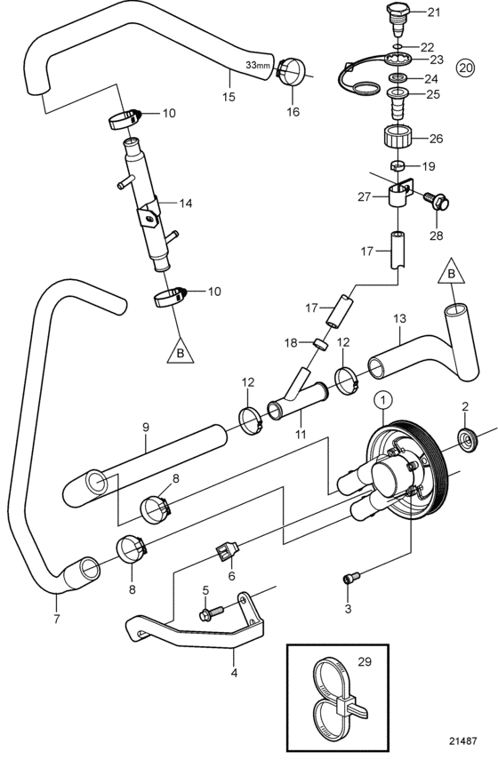 Схема узла Sea Water Pump And Hoses, Later Для Volvo Penta 3.0Glp-C