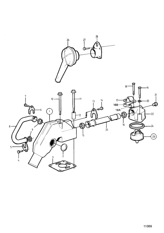 Схема узла Cooling Syst, Induction And Exhaust Manifold. Seawater-Cooled Engine. Для Volvo Penta 2003B