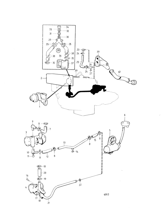 Схема узла Cooling System, Induction- And Exhaust Manifold: Md21A/110S Для Volvo Penta Bb115C