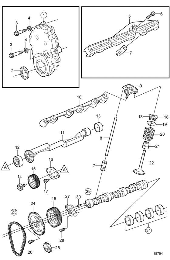 Схема узла Camshaft And Valve Train Для Volvo Penta 4.3Gxi-Bf