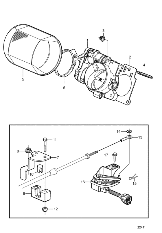 Схема узла Throttle Body And Throttle Cable Connection Для Volvo Penta 8.1Gxi-G