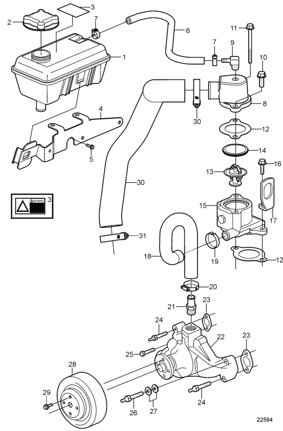 Схема узла Circulation Pump And Thermostat Housing, Inboard With Freshwater Cooling Для Volvo Penta 5.7Gii-F
