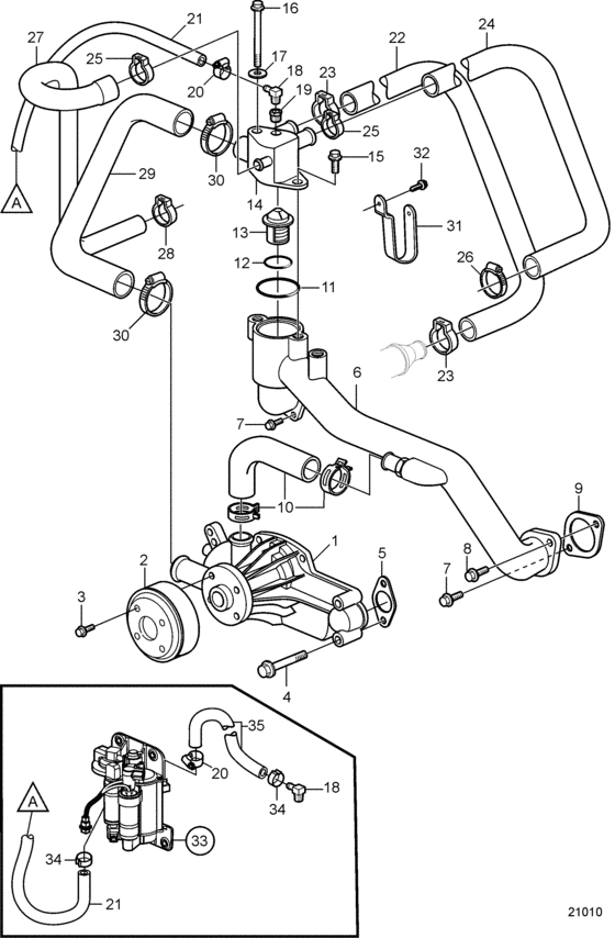 Схема узла Circulation Pump And Thermostat Для Volvo Penta 8.1Osi-B
