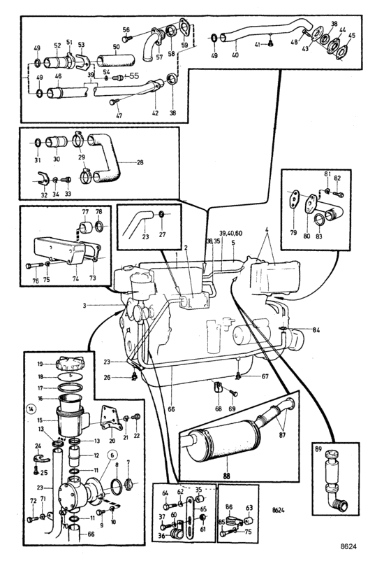 Схема узла Cooling System, Induction And Exhaust Manifold: A Для Volvo Penta Aqd40A