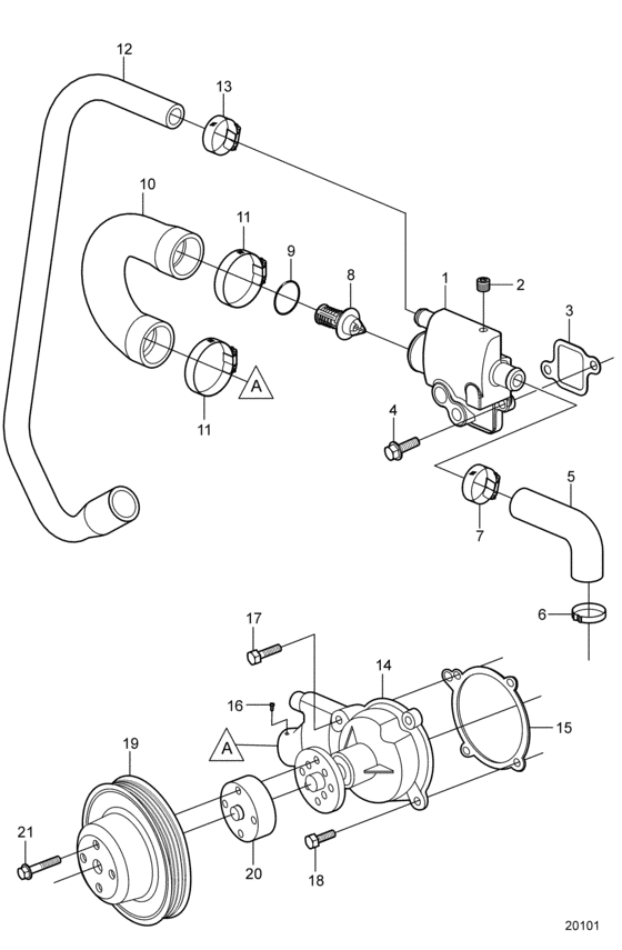 Схема узла Circulation Pump And Thermostat, Early Для Volvo Penta 3.0Glm-C