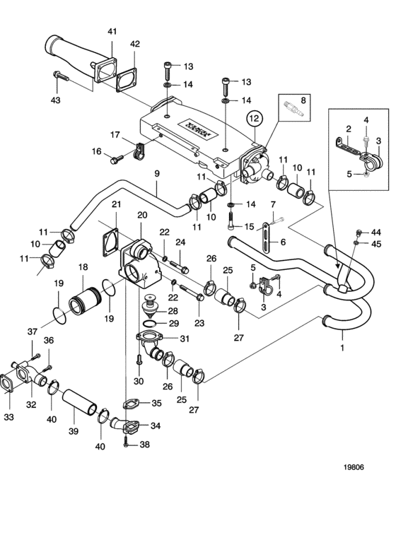 Схема узла Keel Cooling, 1,5 Circuit With Charge Air Cooler And Thermostat Housing Для Volvo Penta D7A-A Ta