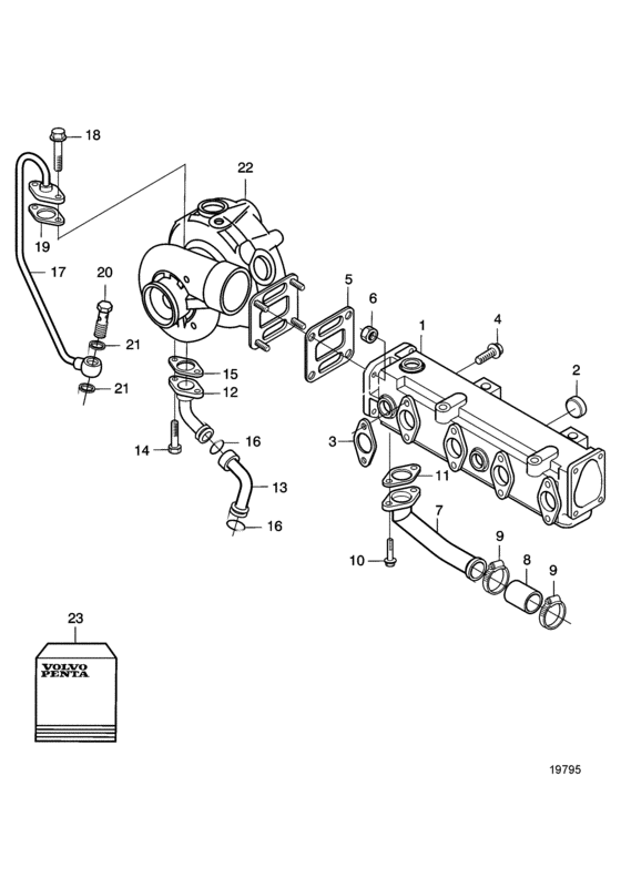 Схема узла Turbo And Exhaust Pipe. (102Kw/118Kw / 2300Rpm) Для Volvo Penta D5A-B Ta